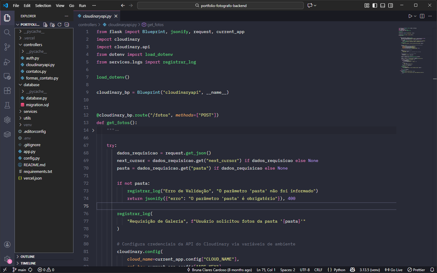Código Python com Documentação e Integração Cloudinary